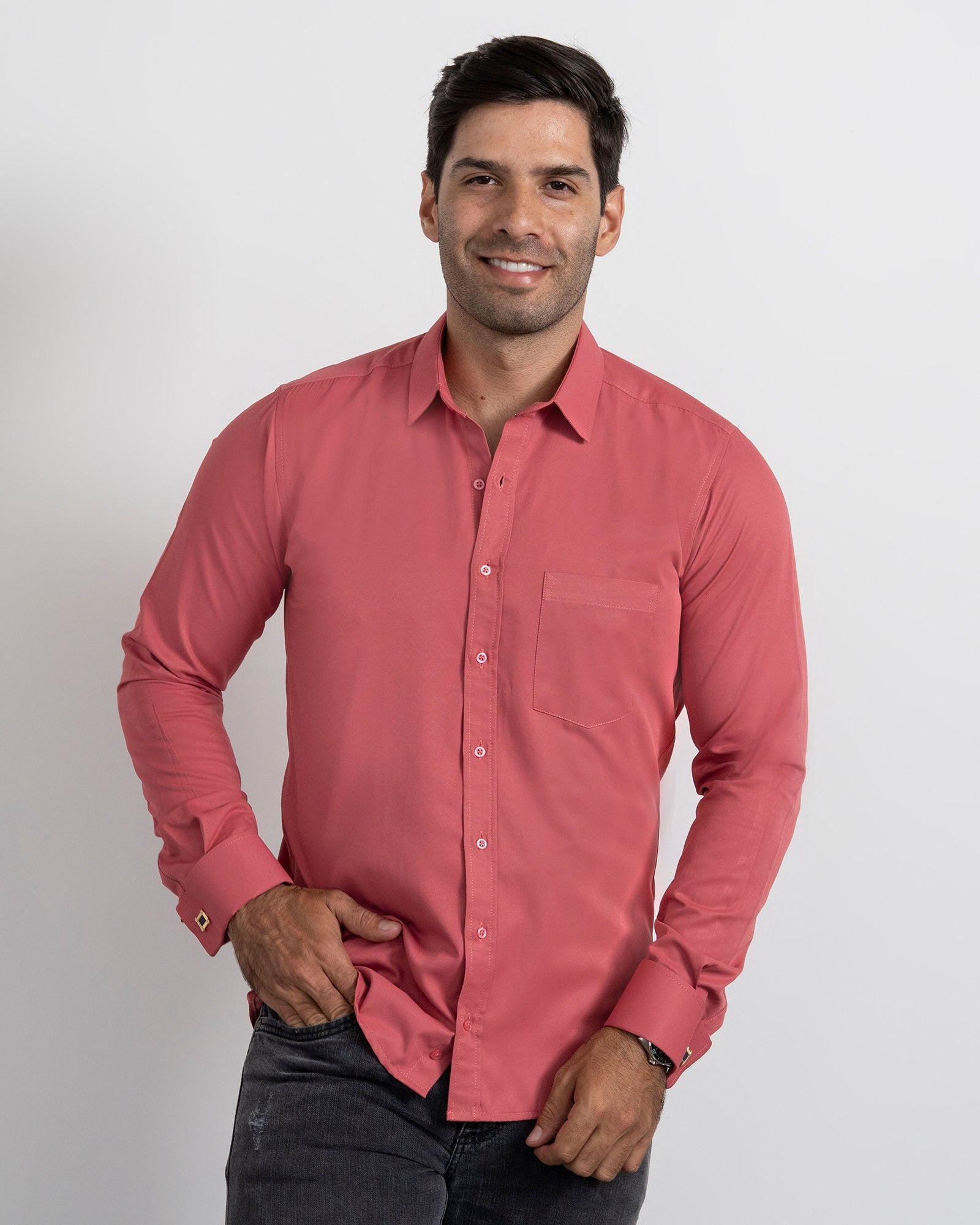 Camisa Slim Fit Camisa Salmon Hombre Camisa De Casual Manga Larga