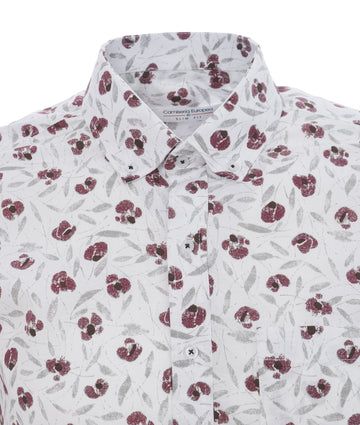 Camisa Gris Claro Flor Vino Tinto