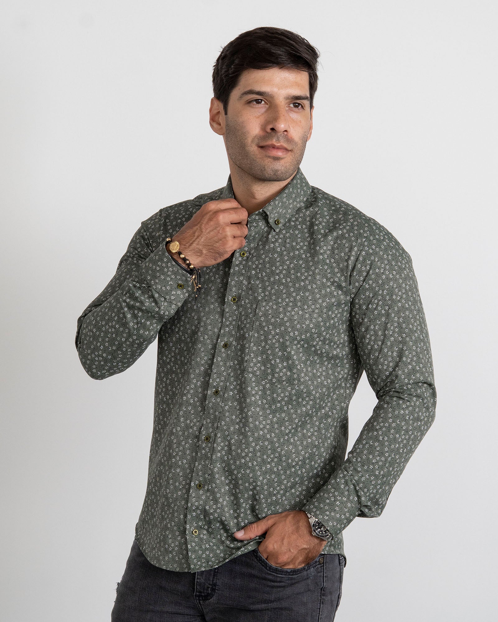 Camisa Print Flores Verde Militar