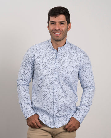 Camisa Azul Clara Print Cuello Mao