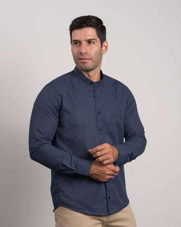 Camisa Print Azul Cuello Mao