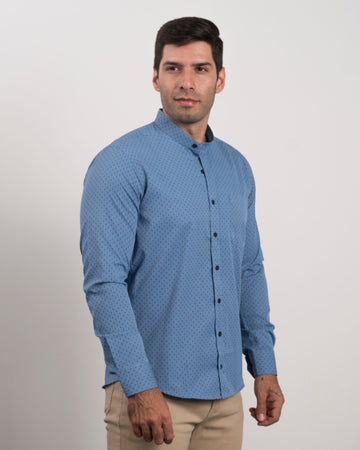 Camisa Print Azul Cuello Mao
