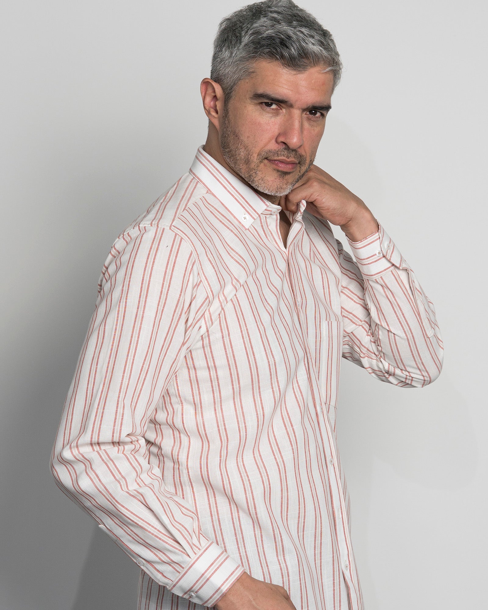 Camisa Algodón Beige Raya Vino Tinto