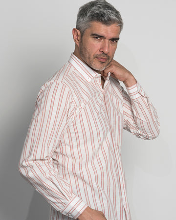 Camisa Algodón Beige Raya Vino Tinto