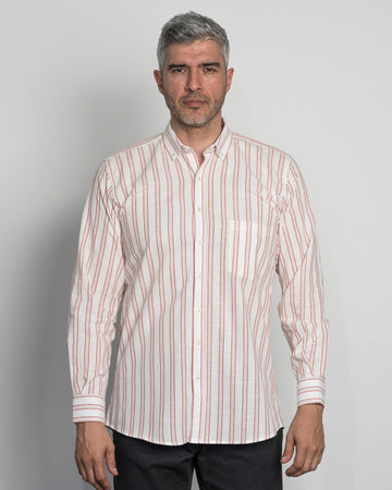 Camisa Algodón Beige Raya Vino Tinto