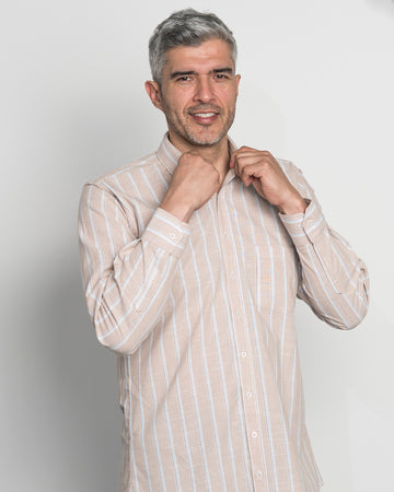 Camisa Algodón Beige Raya Azul