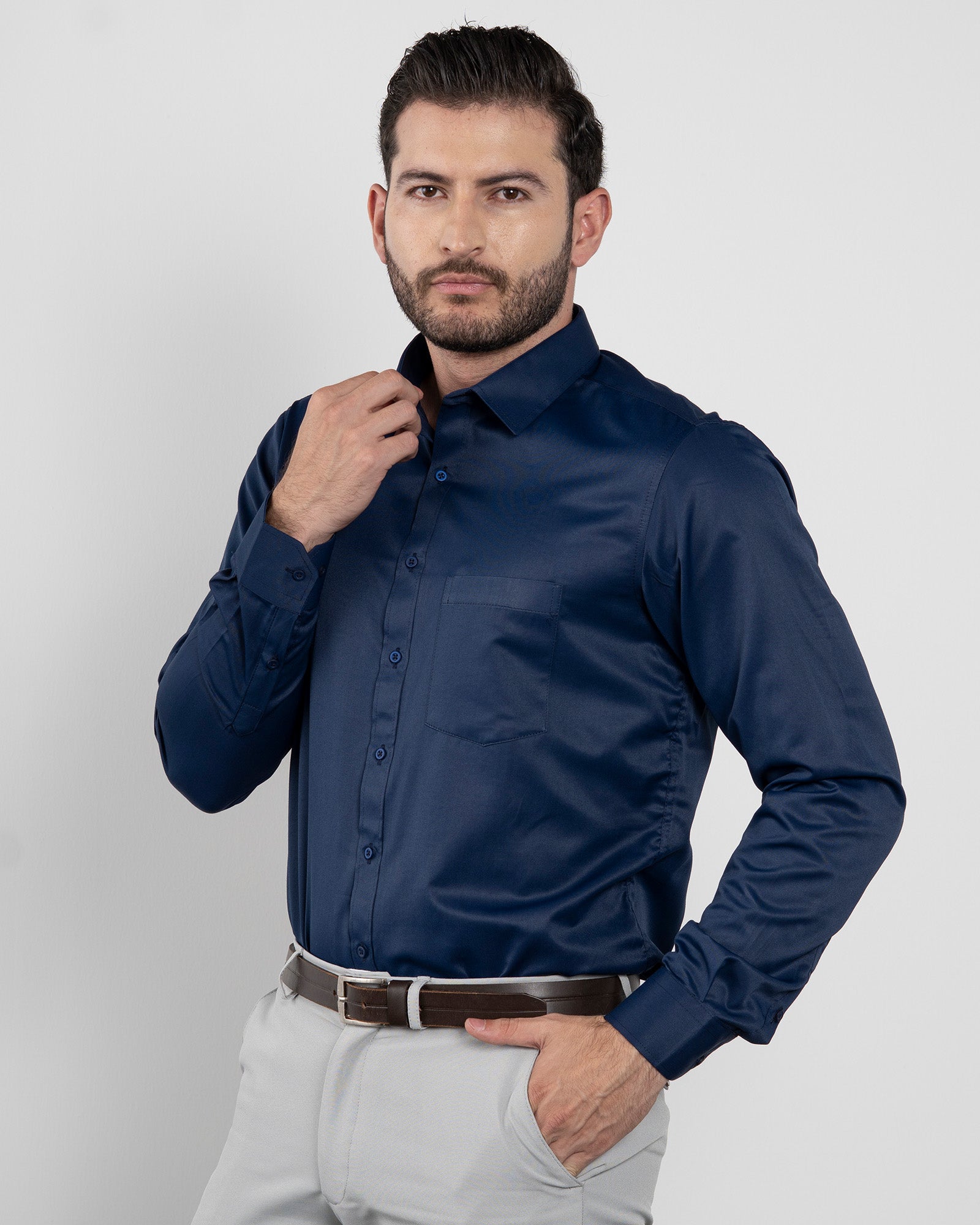 Camisa Formal Satín Azul Oscura
