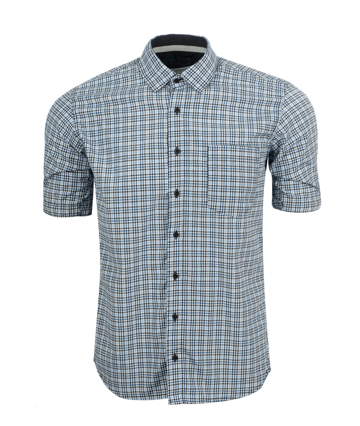 Camisa Cuadros Pequeños Manga Corta Azul y Negro